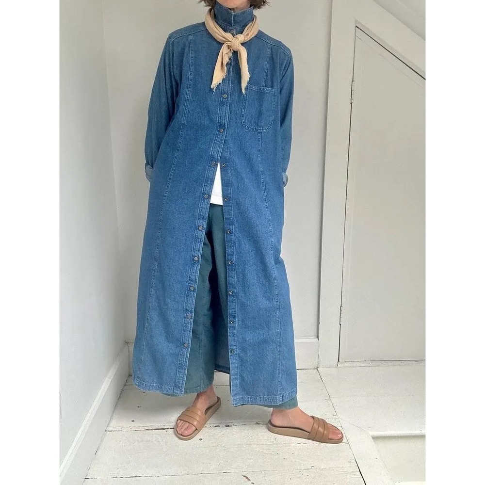 LL Bean Denim Duster Dress 8 Cotton Maxi Jacket 90s Long Sleeve Snap Front